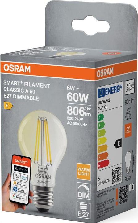 Produktbild Osram SMART+ MATTER FILAMENT CLASSIC shapes DIMMABLE 6W 827 FILAMENT DIM E27 (E27, 806 lm, 4x)