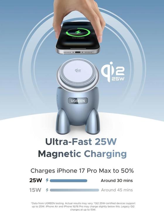 Actual product image Ugreen - Wireless Charger W713 (65300) - 2in1, Qi2, for iPhone, AirPods, Fast Charge, 25W, 3A - Blue (25 W)