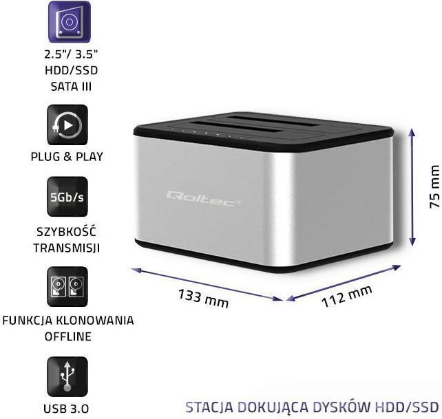 Image du produit Qoltec 50316 2x HDD/SSD docking station 2.5/3.5inch SATA USB 3.0 Cloning