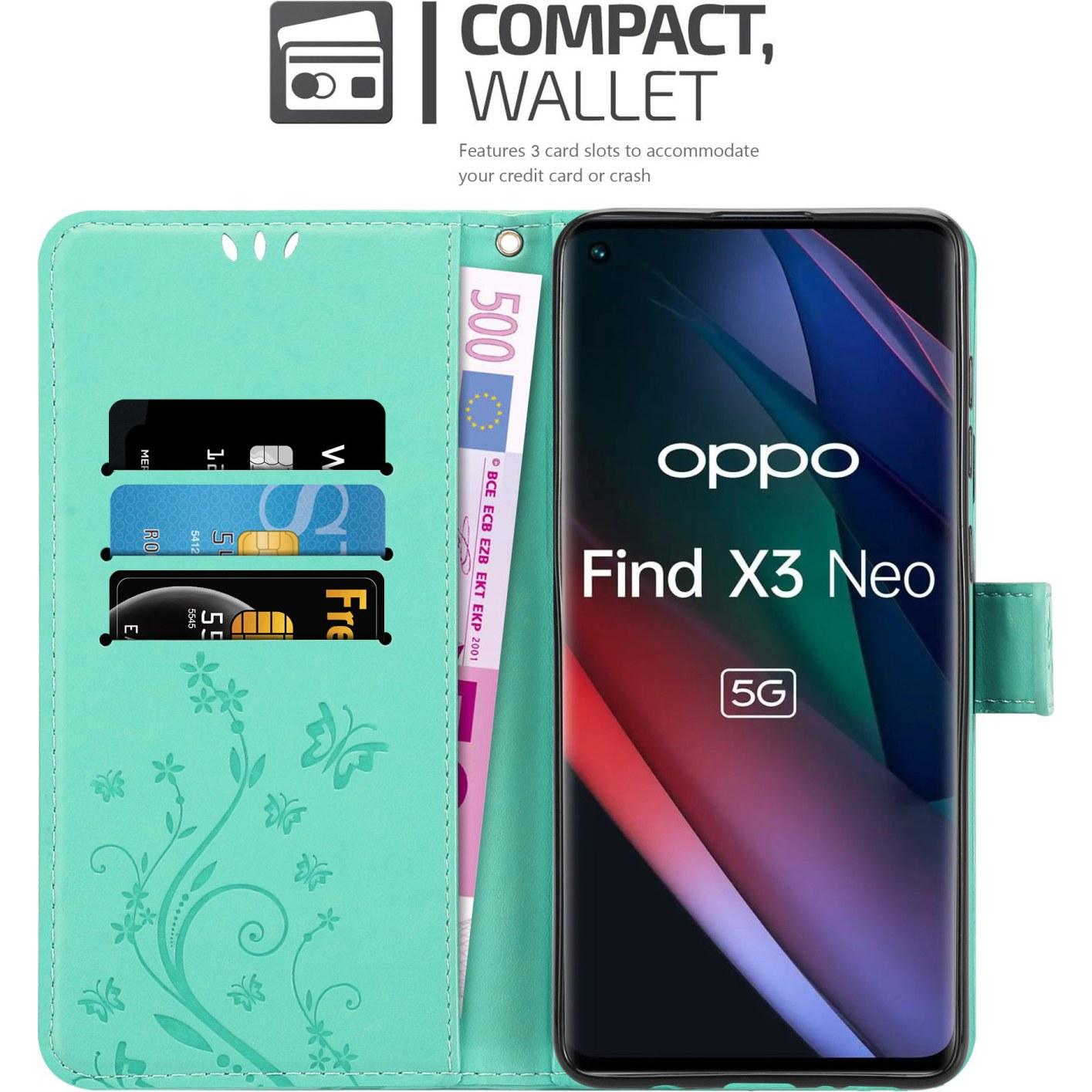 Thumbnail - Cadorabo Flower Book Hülle (Oppo Find X3 Neo), Smartphone Hülle, Türkis