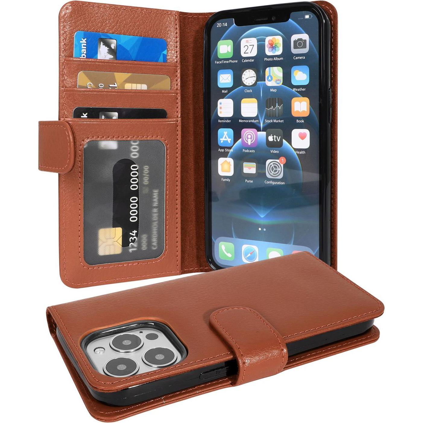 Cadorabo 3 Kartenfächer Hülle (Apple iPhone 13 Pro), Smartphone Hülle, Braun