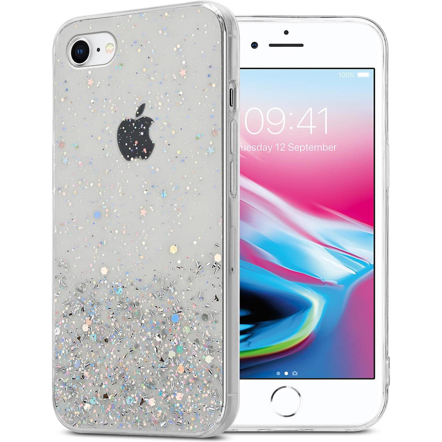 Cadorabo TPU Cover funkelnder Glitter (Apple iPhone SE (2nd Gen), Apple iPhone 7), Smartphone Hülle, Transparent