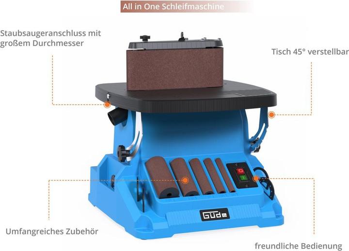Produktbild Güde Compact 2-in-1 oscillating spindle belt sander with tool-free conversion and adjustable table (500 W)