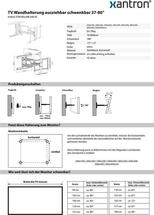 Image du produit Xantron Support TV mural blanc 80cm coulisse (Mur, 80", 70 kg)