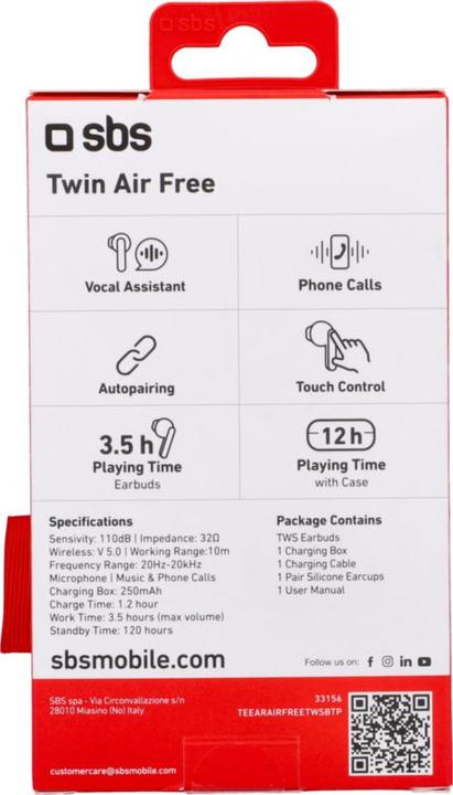 Actual product image SBS Air Free - TWS wireless earphones with 250 mAh charging case (3.50 h, Wireless)