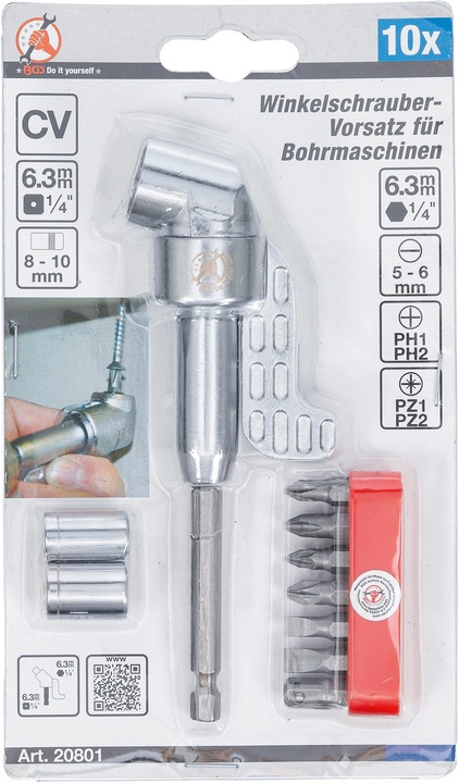 Image du produit BGS Support d'angle pour visseuse 10 pièces (Tige de 6,3 mm, Tige de 8 mm, Tige de 10 mm, 3/8", 5/16", 3/4", 1/4", 1/2")