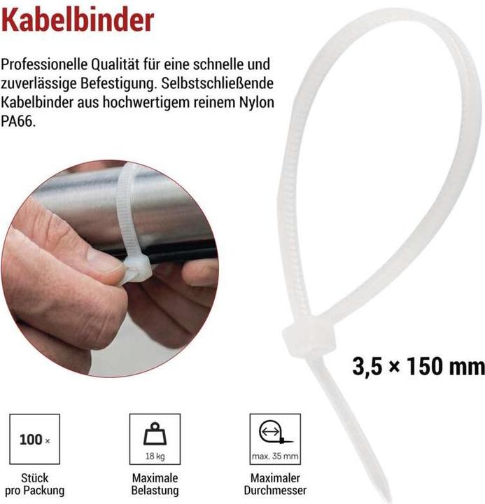 Produktbild Emos Kabelbinder 150×3,5, weiss, 100 Stk (150 mm, 100 Stk.)