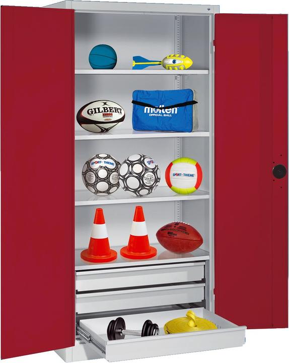Actual product image C+P Sports equipment cabinet with drawers (HxWxD: 195x120x50 cm, with solid sheet metal hinged doors