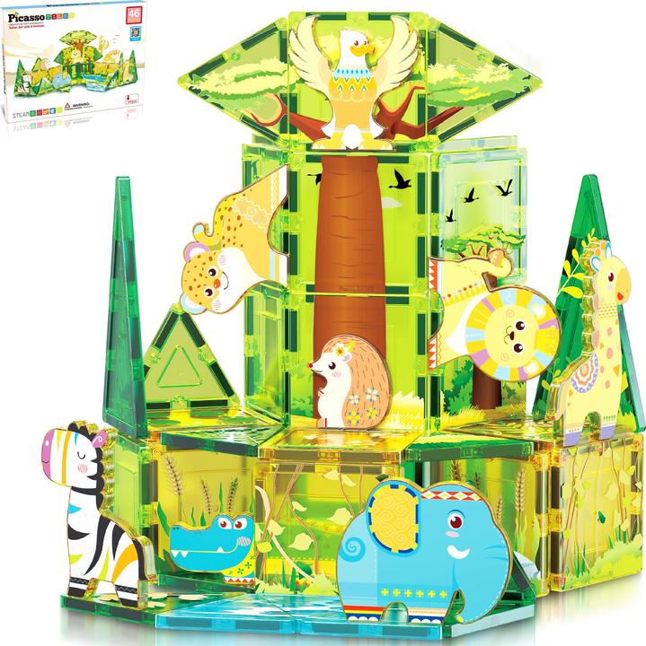 Productafbeelding PicassoTiles Picasso Tiles - Safari themed set with 8 animals (46 pcs) (PTQ12)