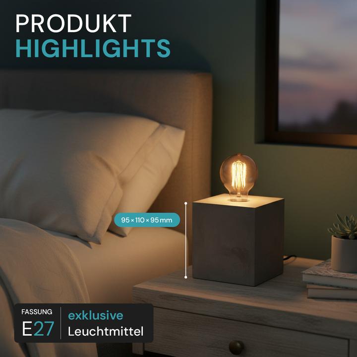 Actual product image Luxula Table lamp, CUBE, metal, E27, cement look, textile cable with switch (E27)