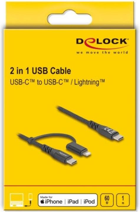 Image du produit Delock Câble USB 2 en 1 USB Type-C vers USB Type-C / Lightning (1 m, USB 2.0, USB 3.0, 60 W)
