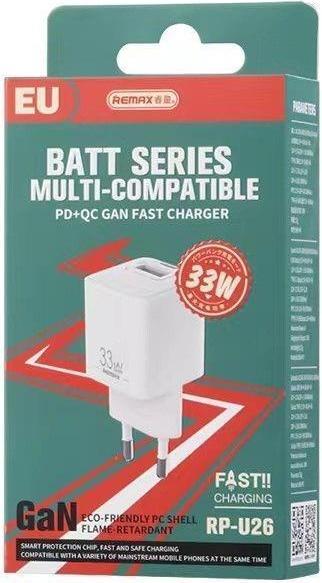 Actual product image Remax Batt Series 33W PD+QC Multi-Compatible Fast Charger RP-U26 (33 W, 2 ports)