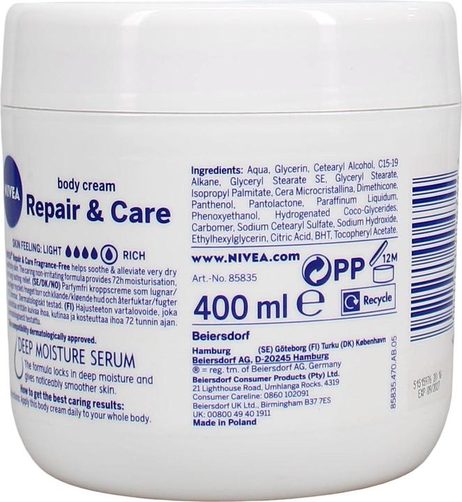 Produktbild NIVEA Body Repair & Care Cream 400ml Tiegel Sensitive Feuchtigkeitscreme mit Deep Moisture Serum (Körpercreme, 400 ml)