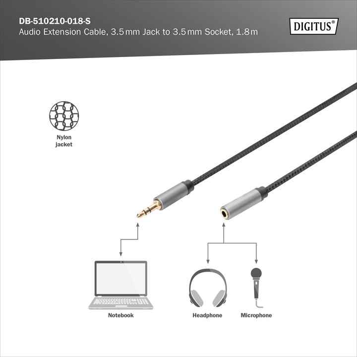Image du produit Digitus Câble d'extension audio, jack 3,5 mm vers prise 3,5 mm (1.80 m)