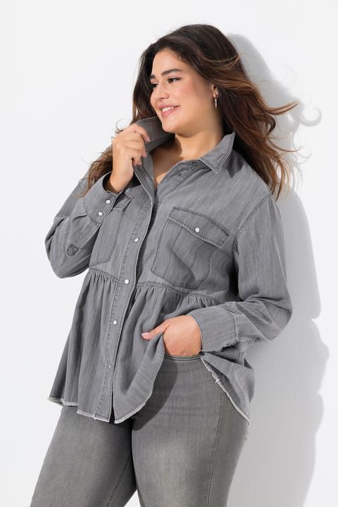 Produktbild Ulla Popken Jeansbluse, Volant, A-Linie, Hemdkragen, Langarm, Fransen (50, 52)