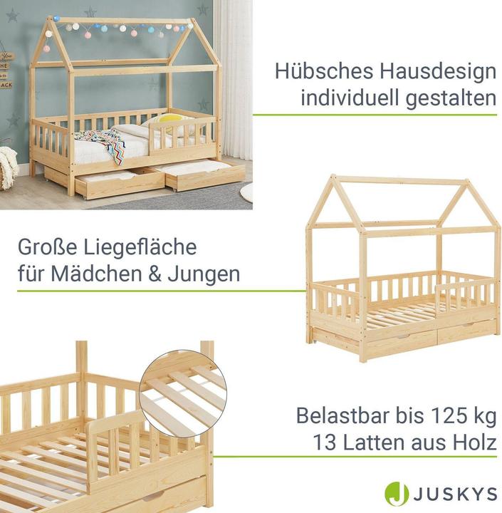 Image du produit Juskys Kinderbett 90x200cm mit Bettkasten Marli - Natur (90x200)
