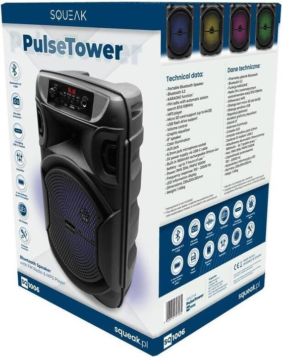 Actual product image Squeak Głośnik Karaoke Pulsetower Bluetooth 5.3 Radio Fm Microsd Aux USB Sq1006 (7 h)