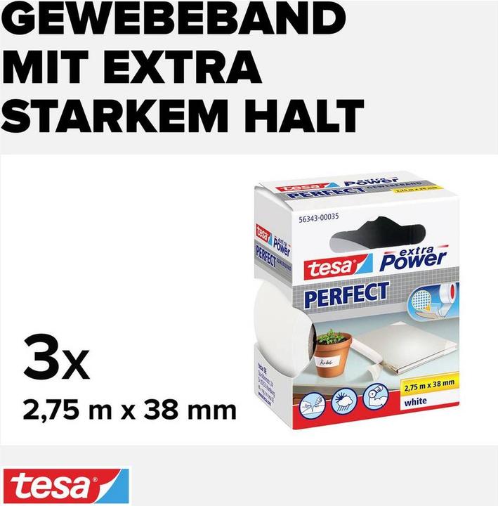 Image du produit tesa 3x EXTRA POWER PERFECT bande tissée, ductape renforcée, pack de trois (38 mm)