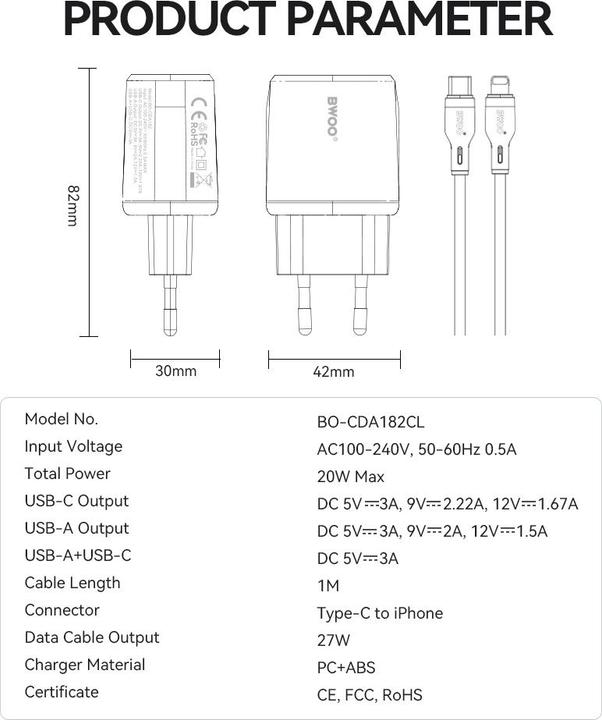 Actual product image Bwoo wall charger CDA182 QC 38W 1x USB-A + 1x USB-C with USB-C C-Lightning cable 1 m black (38 W, 2 ports)