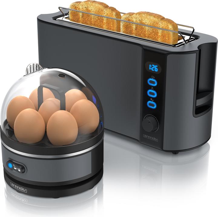 Actual product image Arendo Breakfast set, 2-slice long slot toaster with bread roll top & egg boiler for 7 eggs, grey