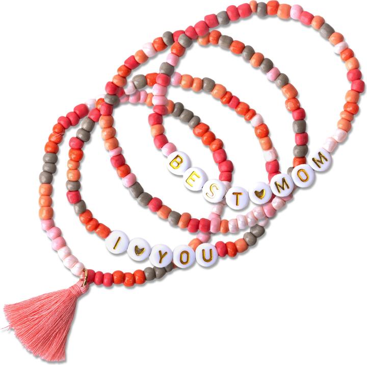 Produktbild Papierdrachen 4 Perlenarmbänder – I LOVE YOU und BEST MOM (Kunststoff, Stoff, Gummi)