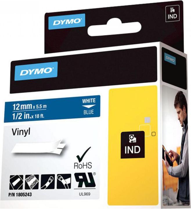 Produktbild Dymo Rhino 12mm weiß auf blau Vinyl (1.20 cm, Blau)