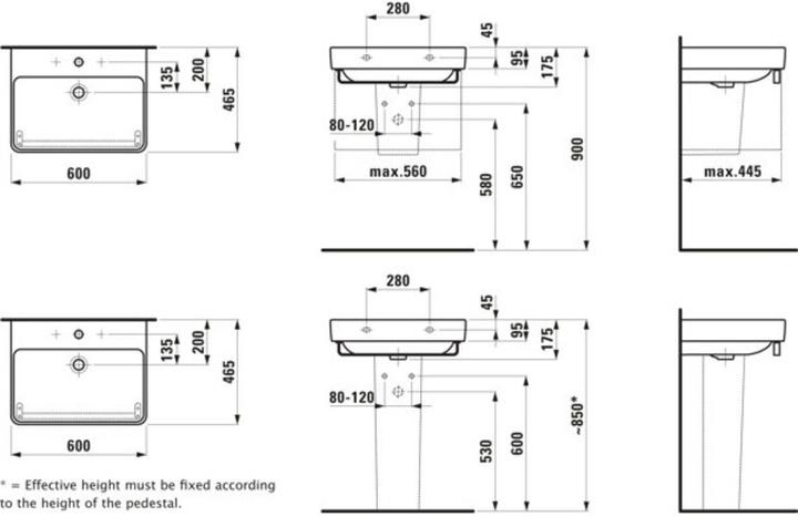 Produktbild Laufen Waschtisch PRO S 600x465mm m Überlauf ohne Hahnloch weiss (465 mm, 600 mm)