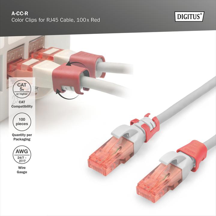 Produktbild Digitus Farbclips für RJ45-Kabel Farbe Rot, 100 Stück Packung (CAT5e, 0.01 m)