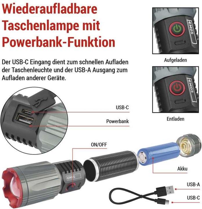 Produktbild Emos LED RECHAR.METAL FLASHLIGHT LARGE 3000lm, 5 000mAh (17.50 cm, 3000 lm)