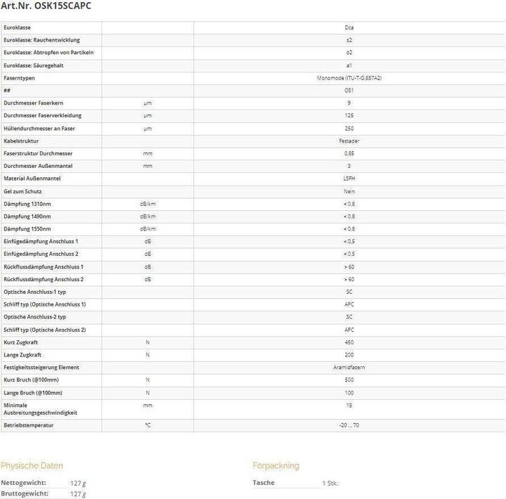 Nährwerte und Zutaten Televes OSK15SCAPC Optisches Kabel 15m (15 m)