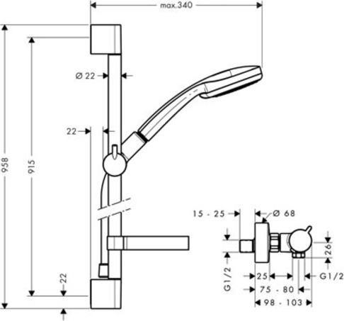 Produktbild hansgrohe HG Brausekombi CROMA 100 ECOSTAT COMFORT Brausestange Unica'C 900mm chrom