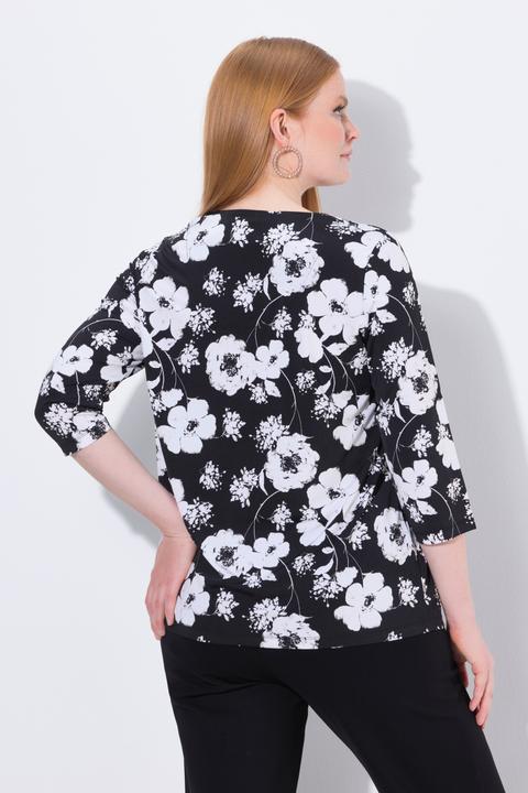 Image du produit Ulla Popken T-shirt au tombé fluide à fleurs, col V et manches 3/4, collection Classic (46, 48)