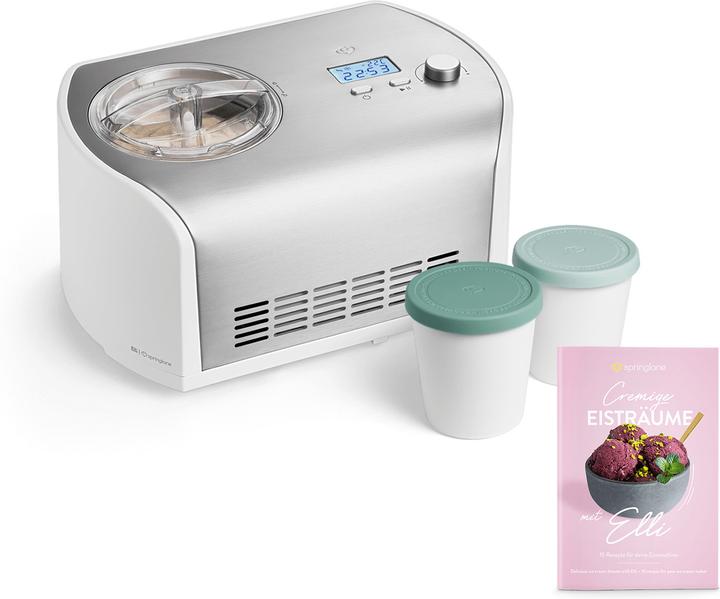 Lid with filling opening, Recipe booklet, Manual, Measuring cup, Ice cream scoop, Stirring part, 2 storage containers, Stainless steel ice cream container, Ice cream maker with compressor