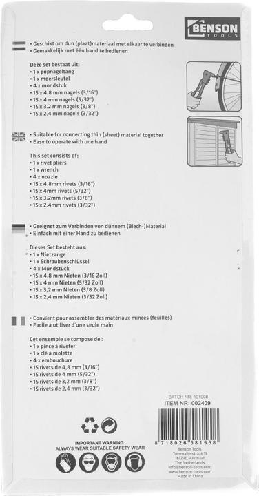 Immagine prodotto Benson Rivetti a pinze rivettatrici + rivetti
