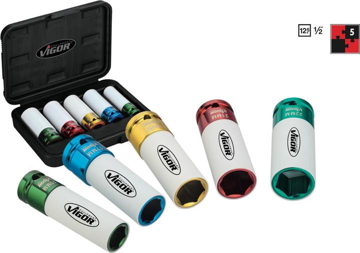 Immagine prodotto Vigor Set di chiavi ad impulsi ∙ V2257 ∙ Quadrato12,5 mm (1/2 pollice) ∙ Esterno Sei... (19 mm, 22 mm, 21 mm, 17 mm, 15 mm)