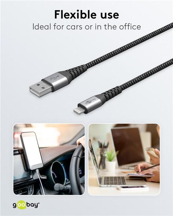 Produktbild Goobay Lightning auf USB-A Textilkabel mit Metallsteckern (space grau/silber) 2 m, 2 m, Schwarz-Grau (2 m, USB 2.0)