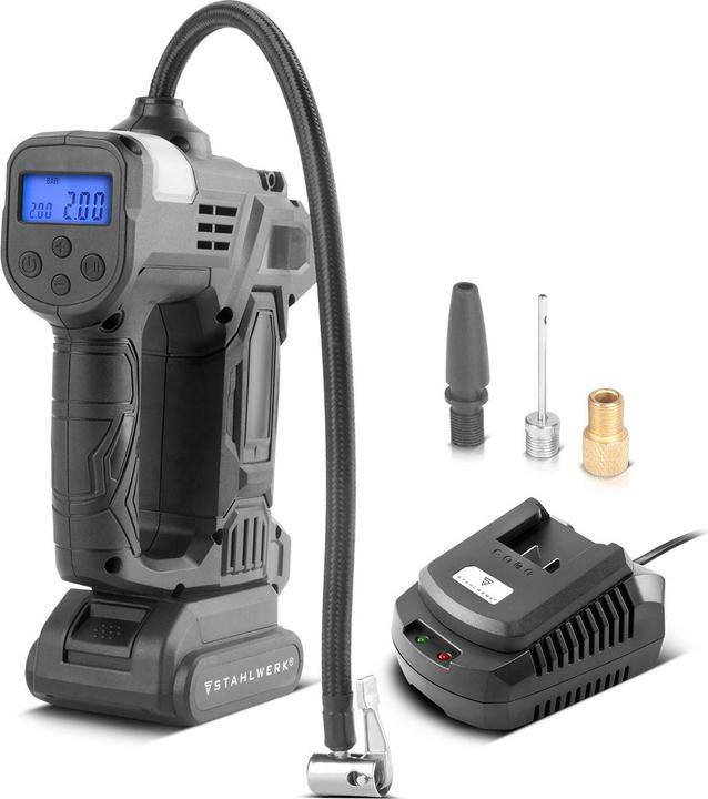Produktbild Stahlwerk Akku Druckluftkompressor – 72 Watt Leistung und 2000 mAh Akku (10.30 Bar)