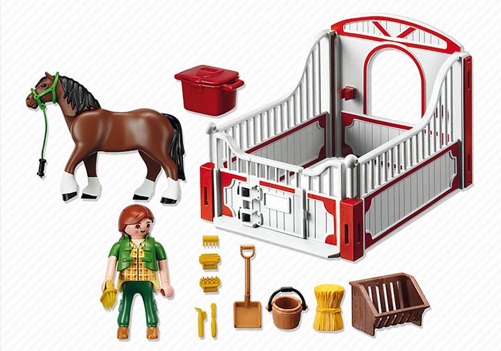 Produktbild Playmobil Shire Horse mit rot-grauer Pferdebox (5108)