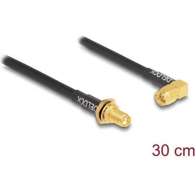 Delock Antennenkabel SMA Buchse zum Einbau spritzwassergeschützt zu SMA Stecker 90° RG-58 30 cm (Antennenkabel), Antenne...