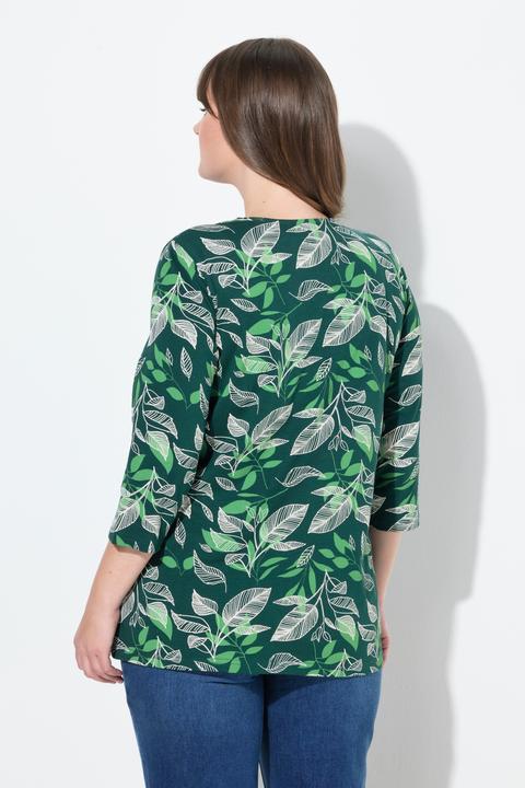 Image du produit Ulla Popken T-shirt en coton bio à col en V et manches 3/4, feuilles (54)