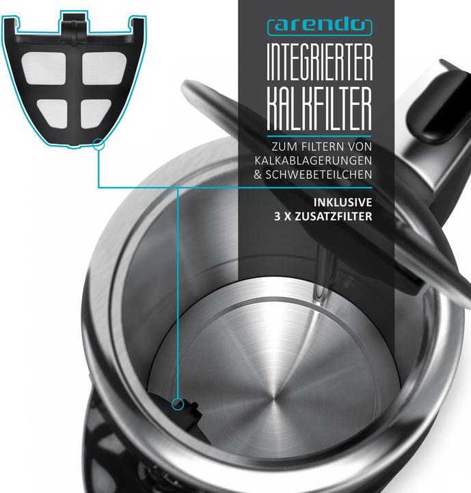 Produktbild Arendo Wasserkocher 1,7 l, 3000 W, Edelstahl, Schnellkoch Funktion, Temperatureinstellung 70° C - 100° C (1.70 l)