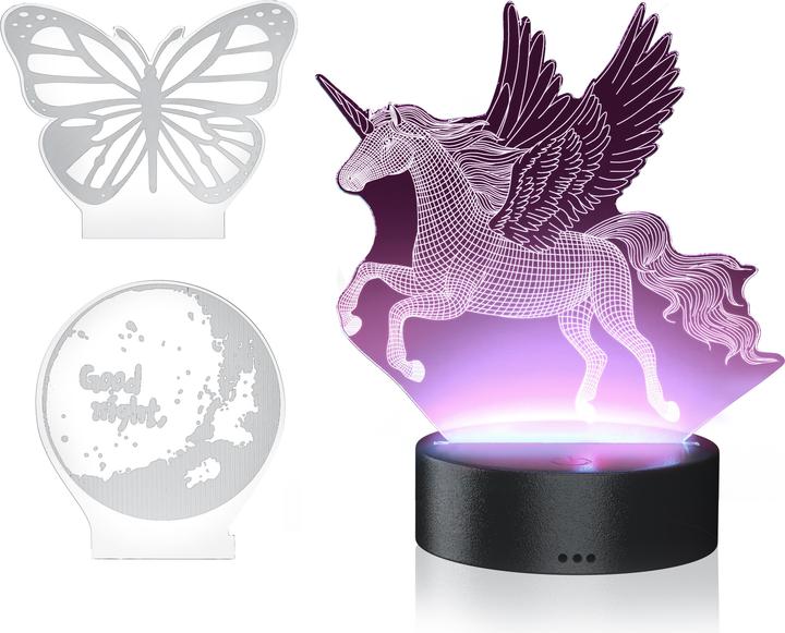 Produktbild Mybeo Nachtlicht LED 3D Effekt Tischlampe Kinder, Jungs & Mädchen,3 Motive (Einhorn, Schmetterling, Mond)