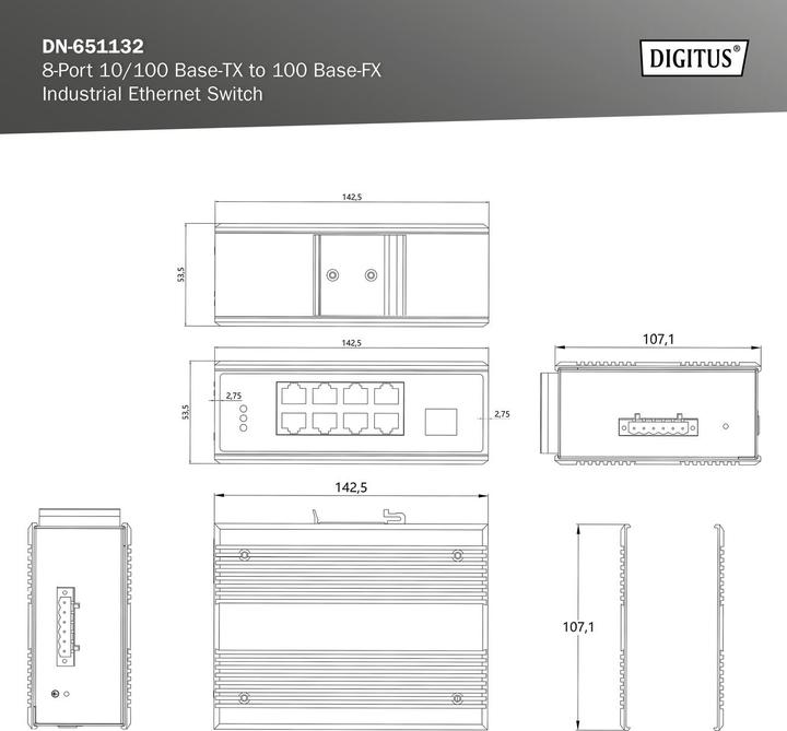 Produktbild Digitus 8-Port 10/100Base-TX to 100Base-FX Industrial Ethernet Switch (8 Ports)