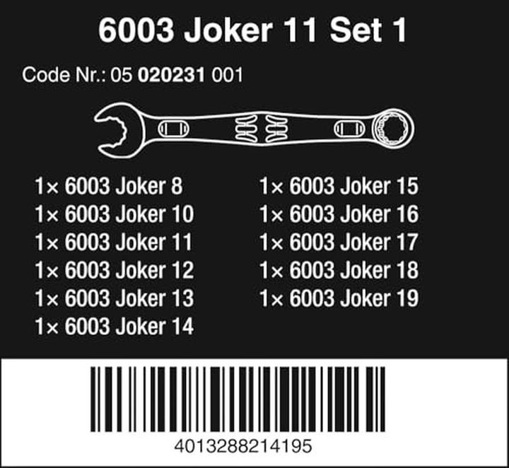 Image du produit Wera 6003 Joker 11 Set 1 (8 mm, 14 mm, 15 mm, 11 mm, 18 mm, 10 mm, 19 mm, 17 mm, 9 mm, 13 mm, 12 mm, 16 mm)