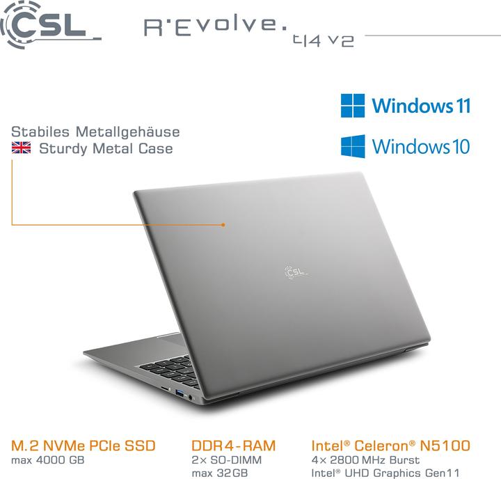 Actual product image CSL Notebook R'Evolve T14 v2 4 GB 250 GB Windows 11 Home (14", Intel Celeron N5100, 4 GB, 250 GB, DE)