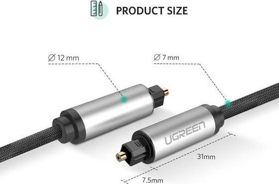 Productafbeelding Ugreen AV108 Toslink audio optische kabel, gevlochten aluminium, 2m (zilver) (2 m, TOSLINK)