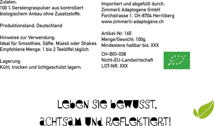Produktbild Zimmerli Adaptogene Gerstengras Pulver (BIO) (1 Stück, Pulver, 100 g)