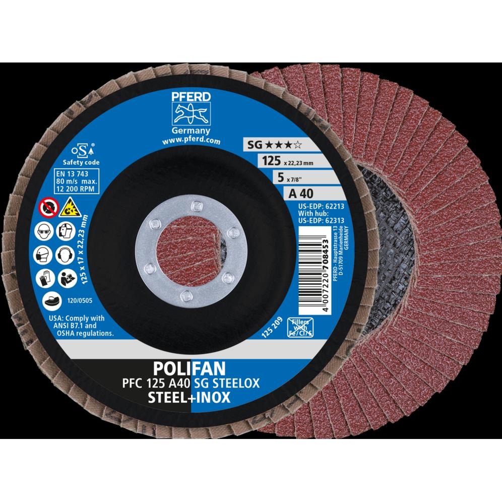 Pferd, Schleifmittel, Fächerscheibe POLIFAN A SG STEELOX Ø 125 mm Körnung A-40 konisch INOX Normalkorund (40)
