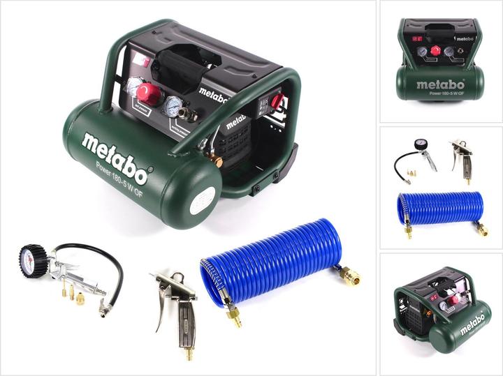 Metabo Vermogen 180-5 W OF compressor 8 bar 1,1 kW + spiraalslang 7,5 m + blaaspistool + bandenopblazer (5 l, 8 bar)