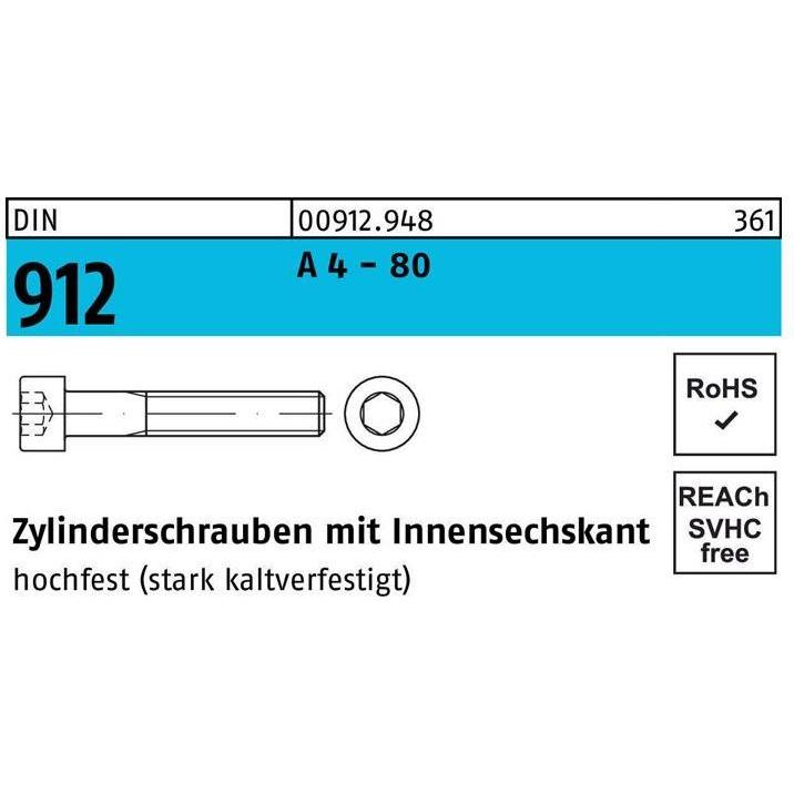 Schrauben, Zylinderschraube DIN 912 m.Innensechskant M 10 x 90 A 4 - 80 (50 Schrauben pro Stück)
